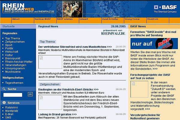Rhein-Neckar-Web macht das Licht aus - ein Screenshot der Webseite rheinneckarweb.de aus dem Jahr 2005